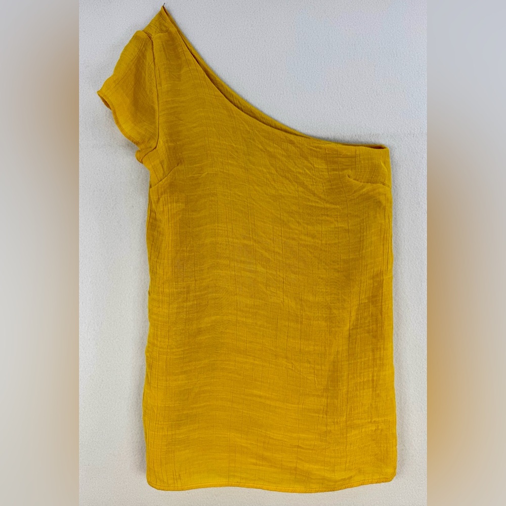 Women’s Yellow Mustard Asymmetrical One Shoulder Top Texturized Sz S